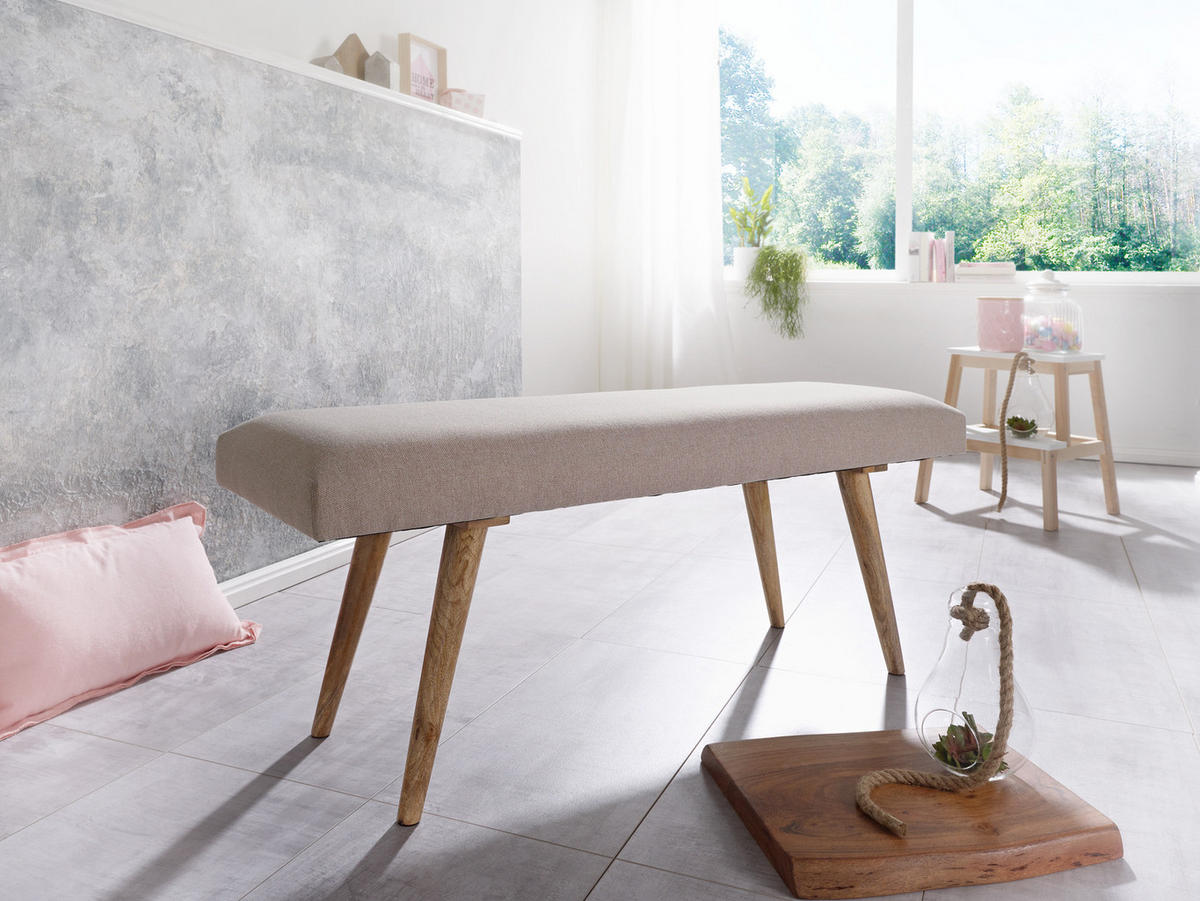 SITZBANK SILE Retro Stil Stoffbezug Massivholz, Beige 117x38x51 cm - Beige/Braun, Mangoholz/Textil (117/51/38cm) - KADIMA DESIGN