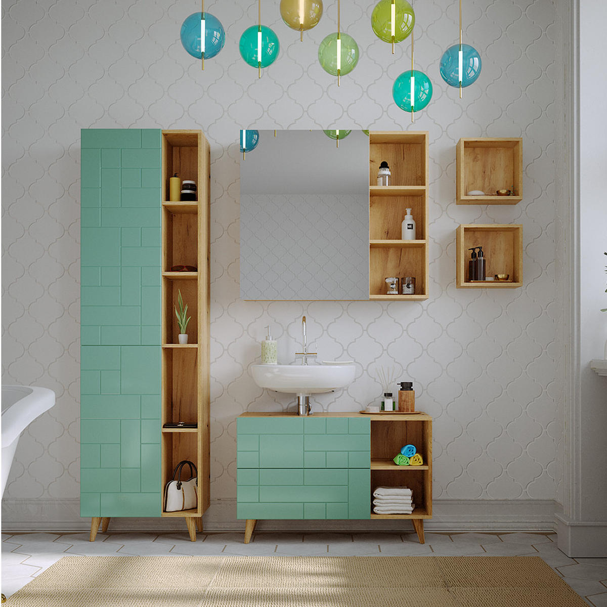 BADMÖBEL-SET Rudi Mintgrün 5 Teile, mit Hochschrank - Eichefarben/Mintgrün, Holzwerkstoff (90/59/32cm) - Vicco
