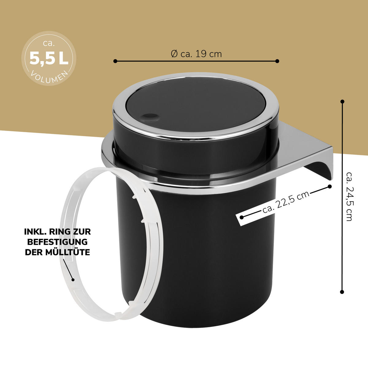 KOSMETIKEIMER SAVONA 5,5 Liter, schwarz - Schwarz, Kunststoff (19/24.5/19cm) - bremermann