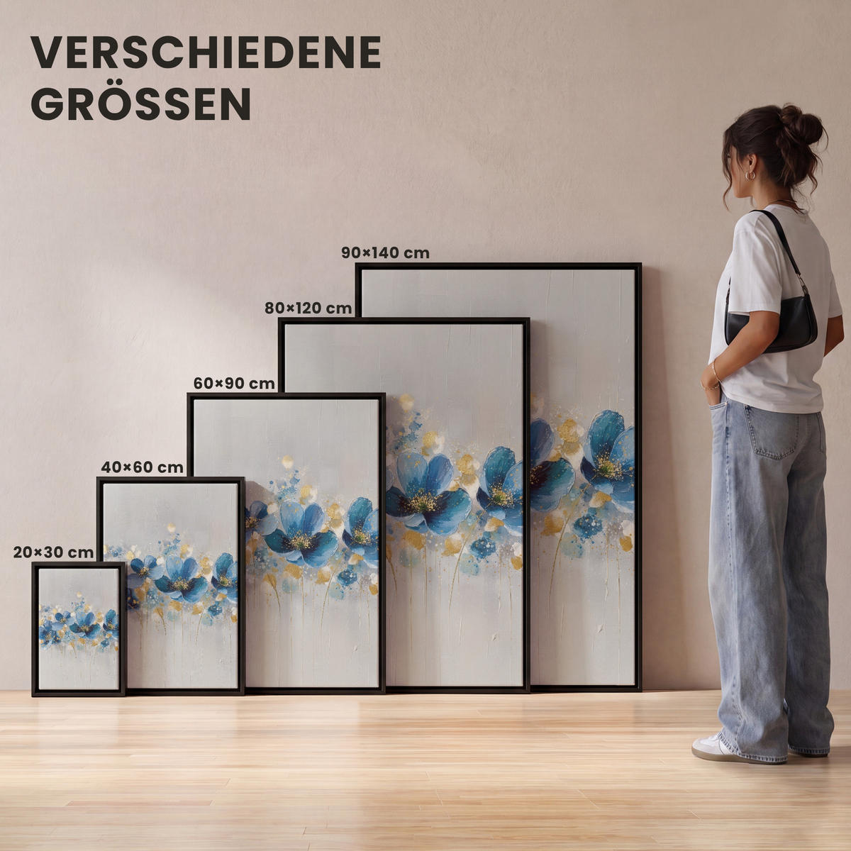 LEINWAND Bilder mit Rahmen - Blumen - Blau - Abstrakt - 80x120 - Hellgrau, Textil (80/120cm) - MuchoWow