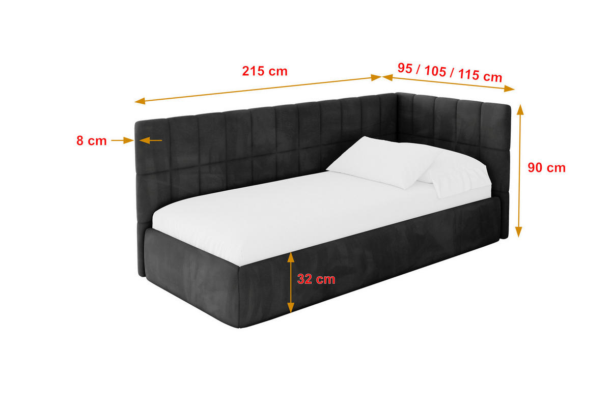 EINZELLBETT Jugendbett mit Bettkasten, Links - TULY 90x200 Schwarz - Schwarz, Holzwerkstoff/Textil (90/200cm) - ALTDECOR