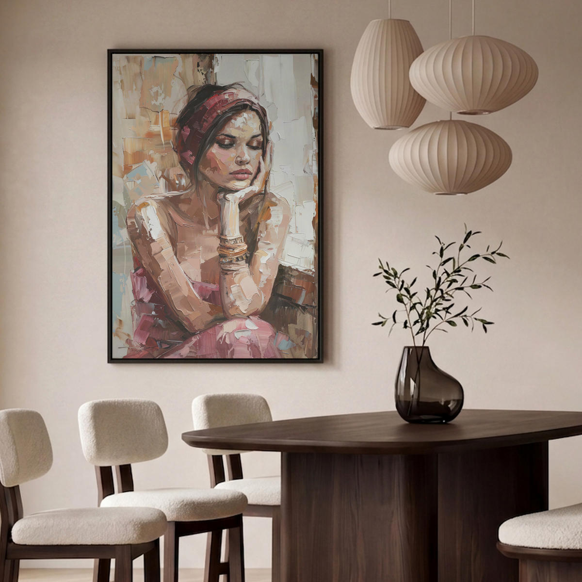 LEINWAND Bilder mit Rahmen - Frau - Lackierung - Porträt - Modern - 90x140 - Altrosa, Textil (90/140cm) - MuchoWow