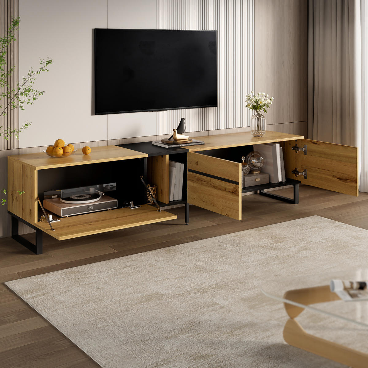 TV-SCHRANK 180cm Klappfach Doppeltüren Stauraum modern - Naturfarben, Holzwerkstoff (38/45/180cm) - FLIEKS