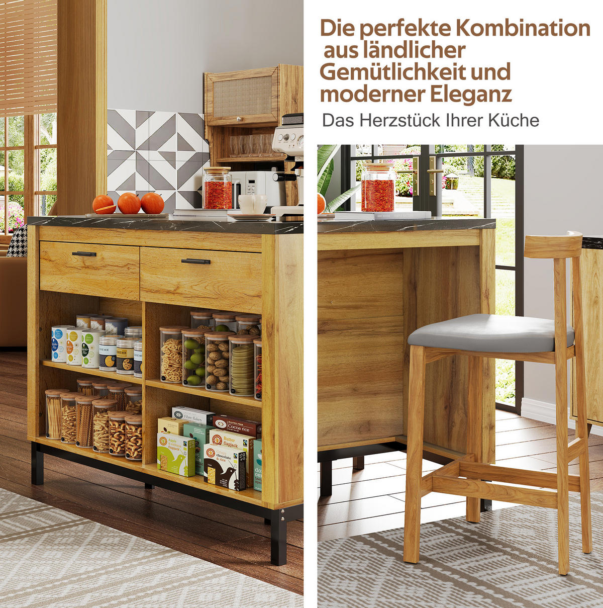 KÜCHENINSEL 120/75/90 cm mit 2 Schubladen, 4 offenen Regalen, Barbereich und MDF-Arbeitsplatte, Schwarz/Natur - Naturfarben, Holzwerkstoff (75/90/120cm) - Redom