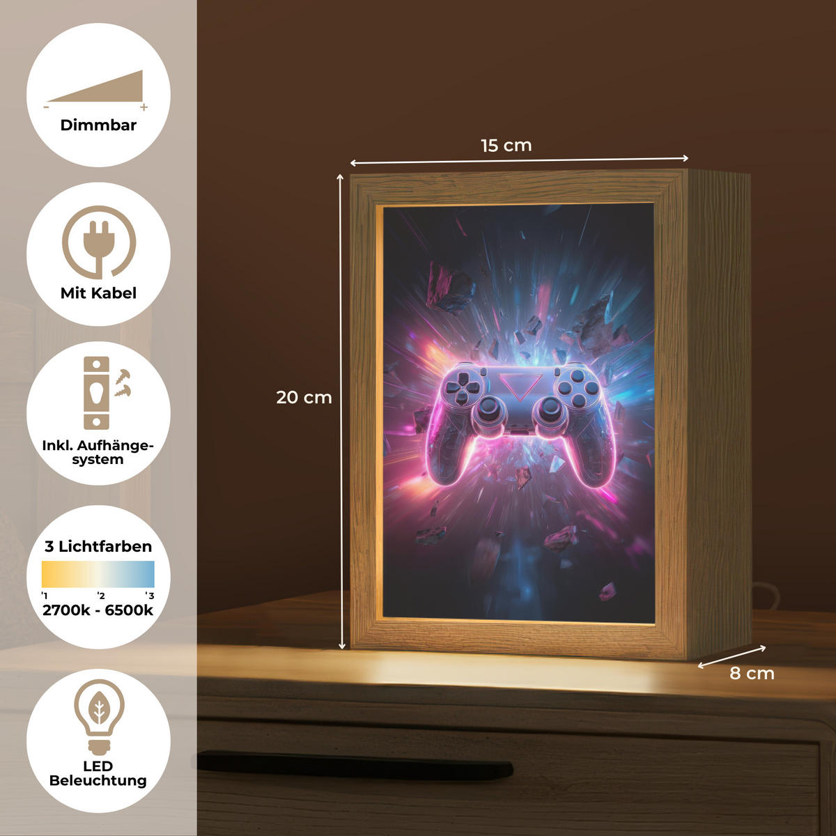 NACHTTISCHLAMPE Controller - Neon - Explosion - Abstrakt 15x20 cm - Violett, Holzwerkstoff (8/15/20cm)