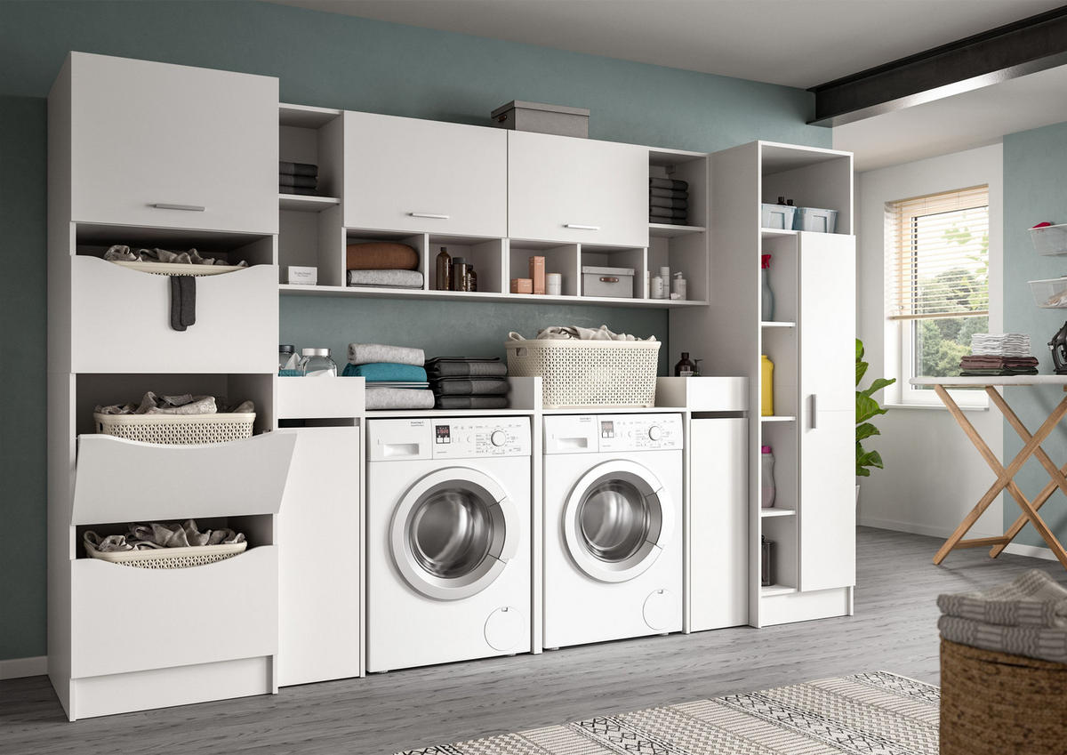 WASCHMASCHINENUMBAU 8tlg. Set Mixx Bad in weiß Nachbildung - modernes Design - B/H/T: 300x195x68 cm - Weiß, Holzwerkstoff (300/195/68cm) - Homes & Jones