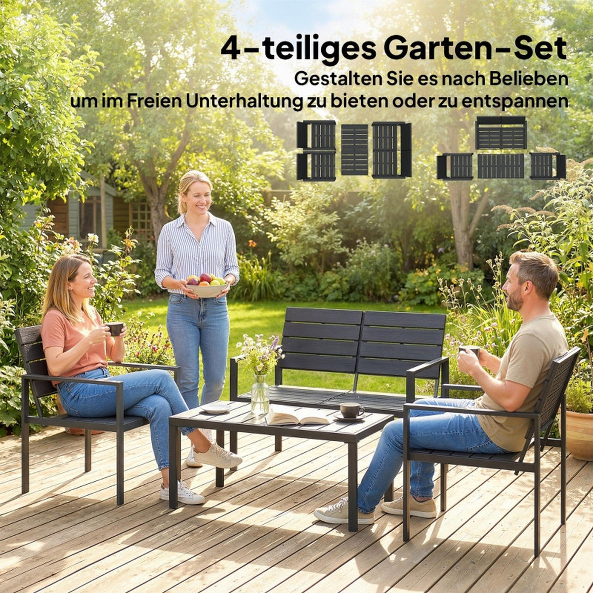 GARTENMÖBEL,2ER Sofa+2 Sessel+Beistelltisch,schwarz - Schwarz, Metall - Vallsero