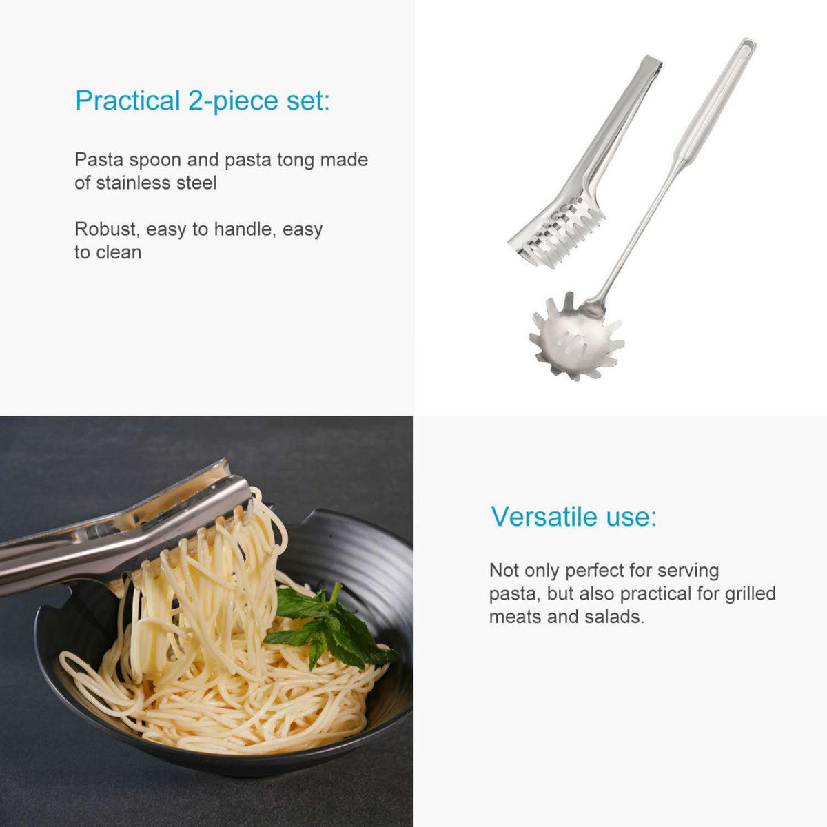 SPAGHETTILÖFFEL und Spaghettizange (2er Set) - Silberfarben, Metall - Intirilife