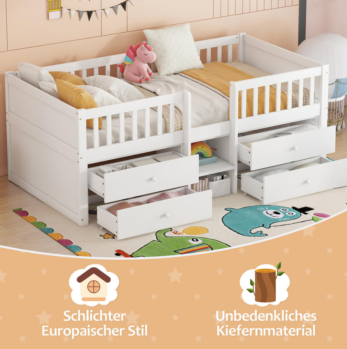 VISOKA postelja 90/200 cm bela s 4 predali, lestvijo in varovalom iz bora in MDF - bela, les (90/200cm) - OKWISH