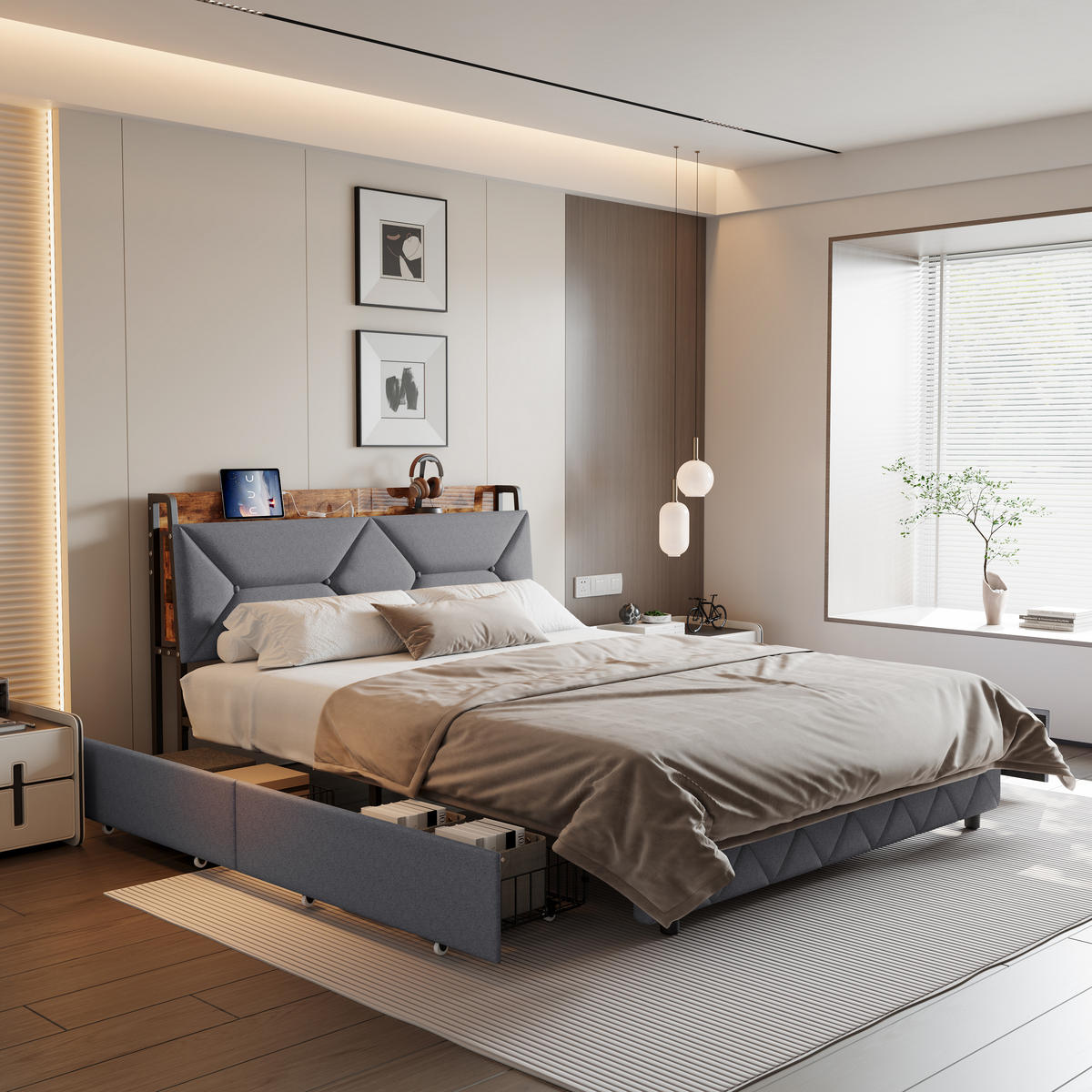 POLSTERBETT 140/200 cm mit beidseitigen Stauraumschubladen, separate Holz-Wandablagen mit USB-Anschluss, grauer Leinenoptik-Bezug - Grau, Holz/Metall (140/200cm) - Joyfair