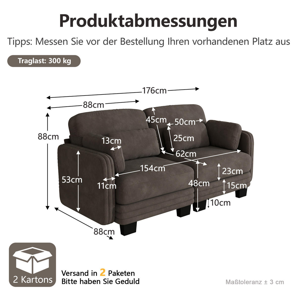 2-SITZER-SOFA Modular Chenille mit Kissen, DE-42686, Braun - Braun, Holz (176/88/88cm) - ComfortXL