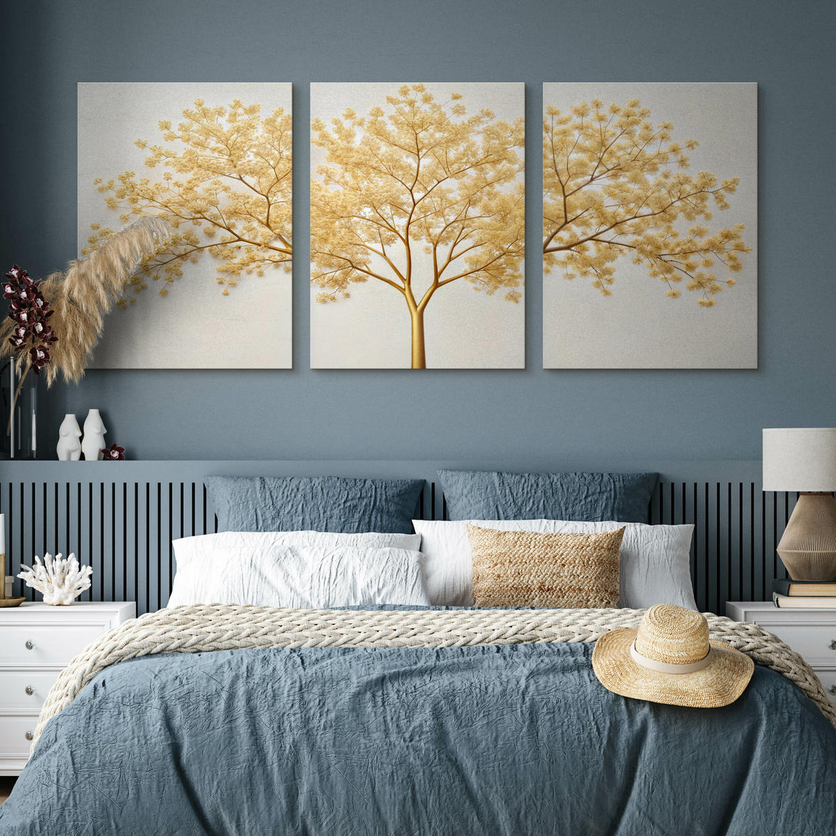 LEINWANDBILDER 3-es Set Abstrakte Baum - Beige/Weiß, Textil (90/40cm) - Muralo