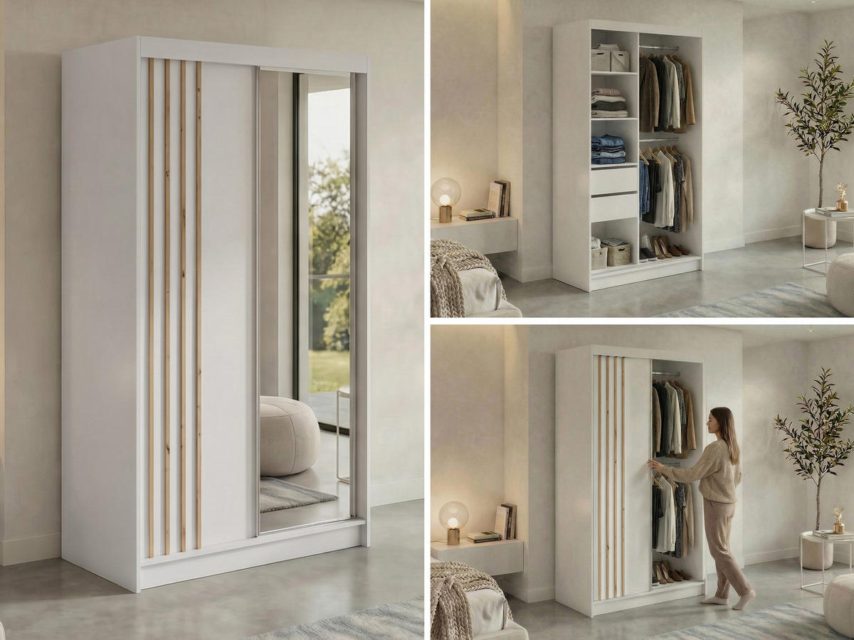 SCHWEBETÜRENSCHRANK mit Lamellen, Spiegel und Schubladen DIANA - 120 - Weiß und Eiche Artisan - Alufarben/Weiß, Holzwerkstoff/Metall (120/216/61cm) - MKS