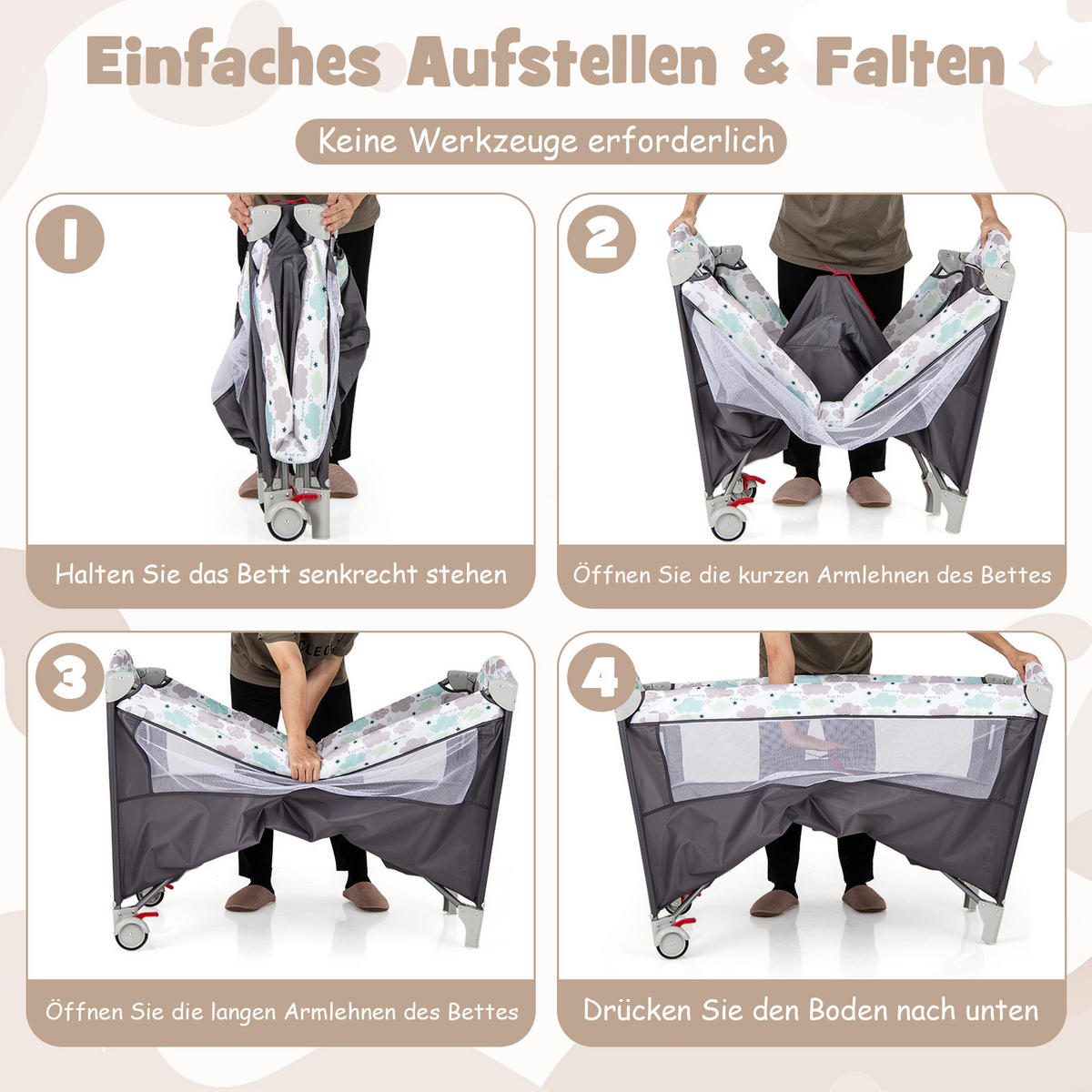 BEISTELLBETT Grau - Grau, Textil - COSTWAY