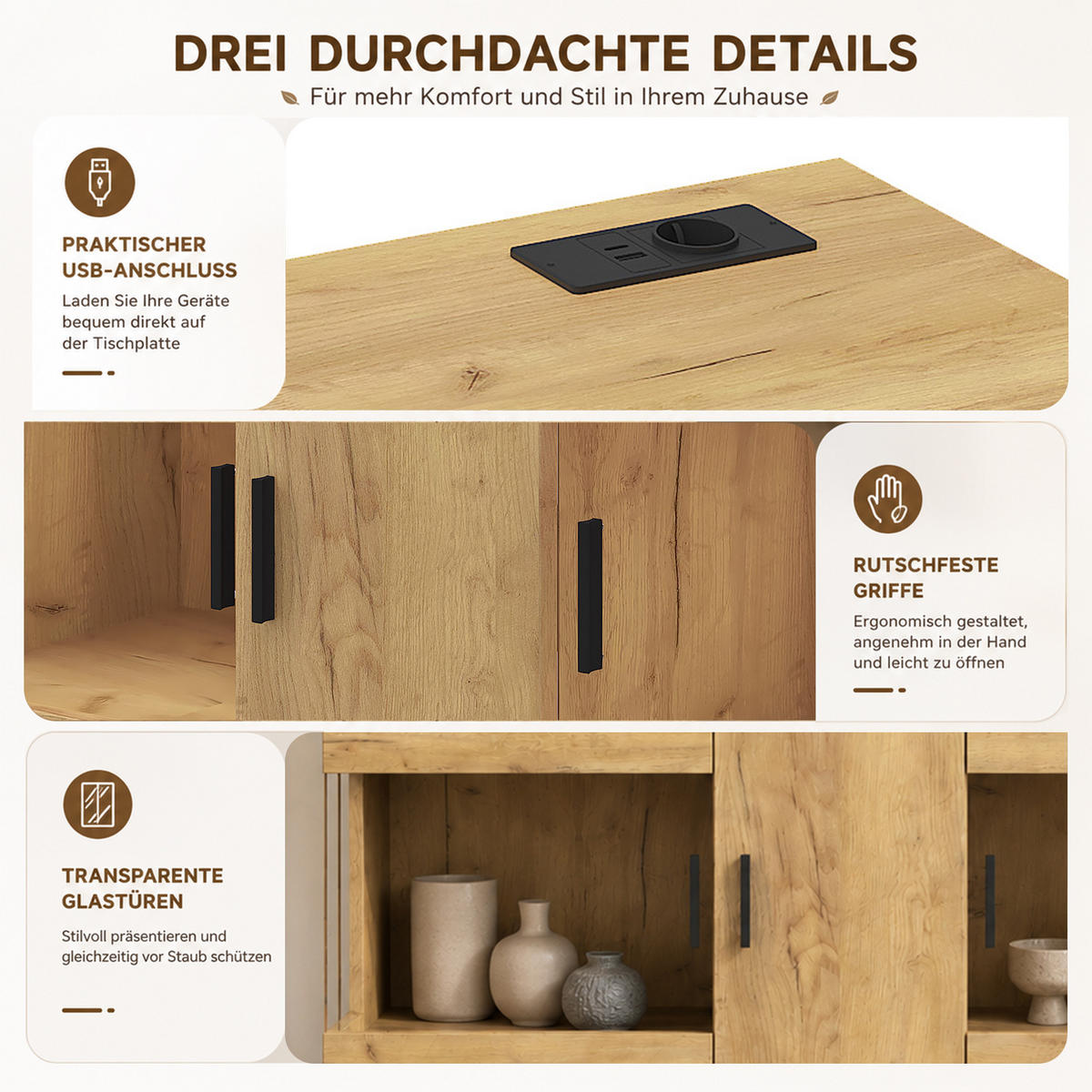 SIDEBOARD mit LED/USB-C Ladestation, Glastüren, 120x40x79,5 cm - Eichefarben/Schwarz, Holz (120/79.5/40cm) - LVHOM