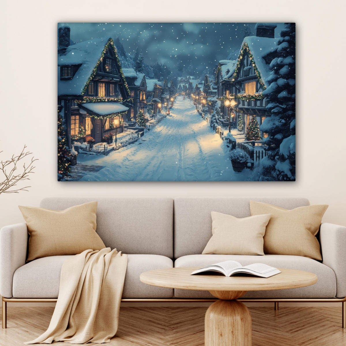 LEINWANDBILD Weihnachtsdorf - Weihnachten - Schnee - Winter XXL 150x100 cm - Dunkelblau, Textil (150/100cm) - MuchoWow