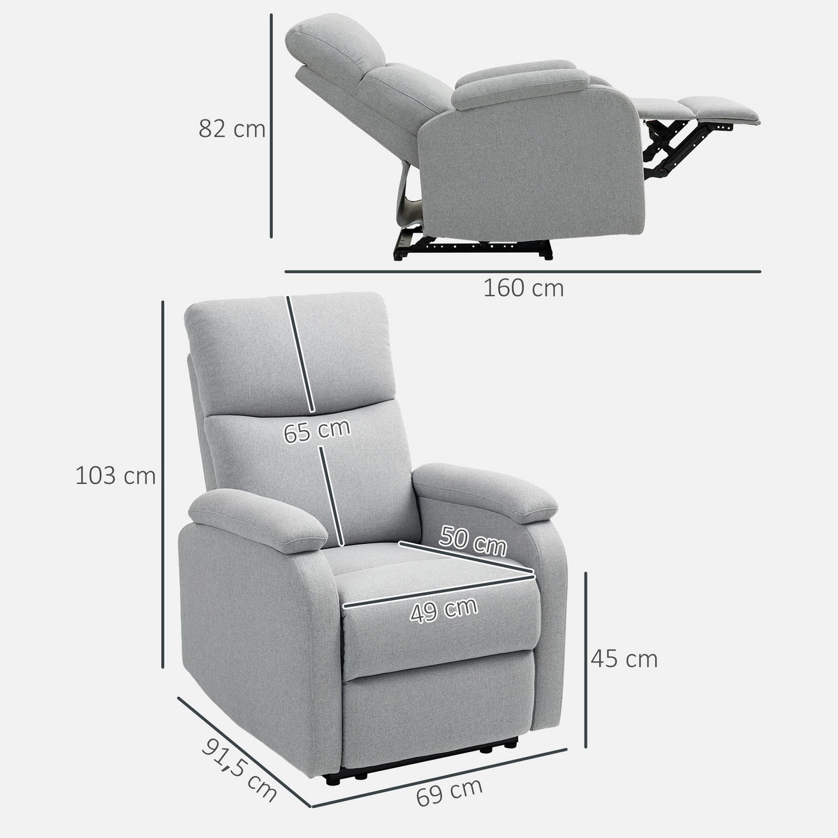 RELAXSESSEL, mit Liegefunktion, bis 150 kg belastbar, Grau - Grau, Metall (91.5/103/69cm) - HOMCOM