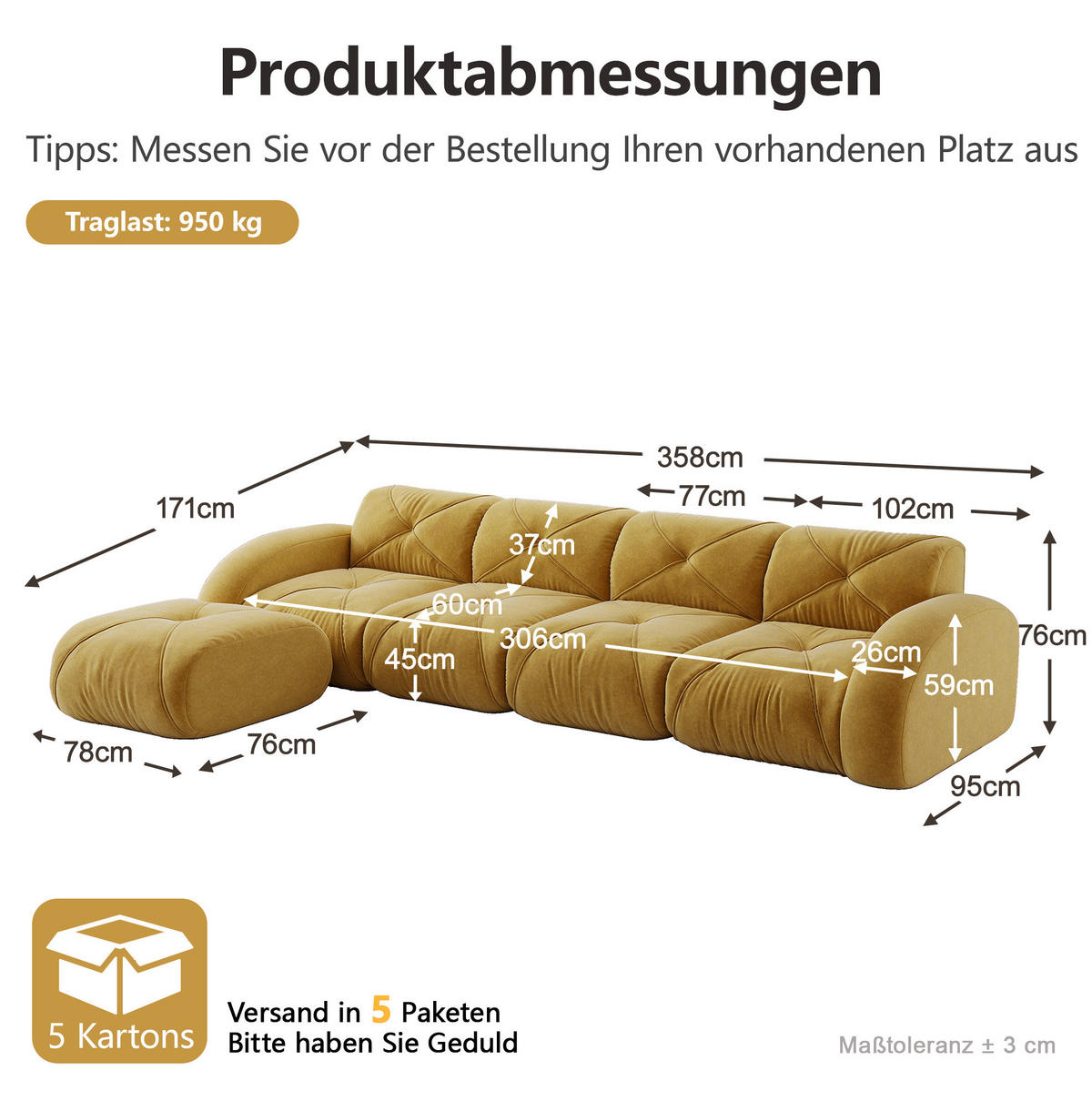 ECKSOFA in Gelb aus Chenille mit Hocker und flexibler Anordnung - Gelb, Textil (171/358cm) - Flora Grace