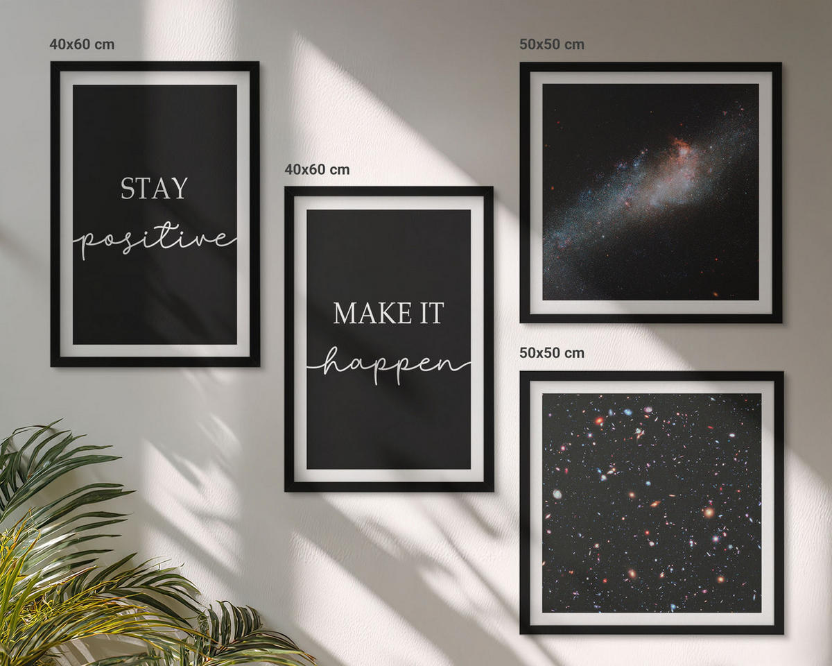 BILDER SET 4er Set - 50x50 cm & 40x60 cm Schwarzer Rahmen - Motivationsslogans Sterne Weltraum - Schwarz, Kunststoff (50/50cm) - TULUP