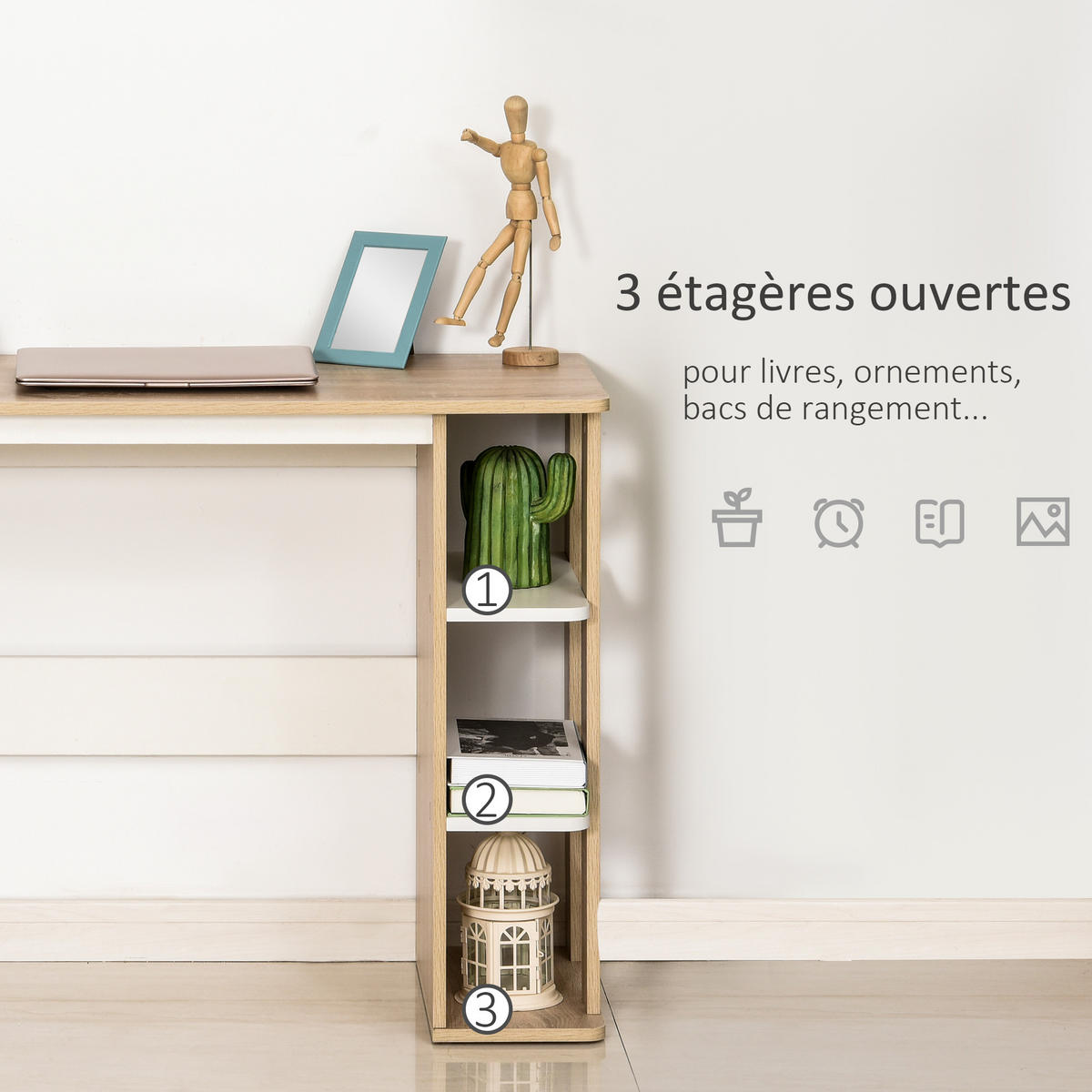 SCHREIBTISCH Eichefarben und Weiß mit 3 Regalfächern 100/44/74 cm - Beige, Holz (44/100/74cm) - PANGIVO