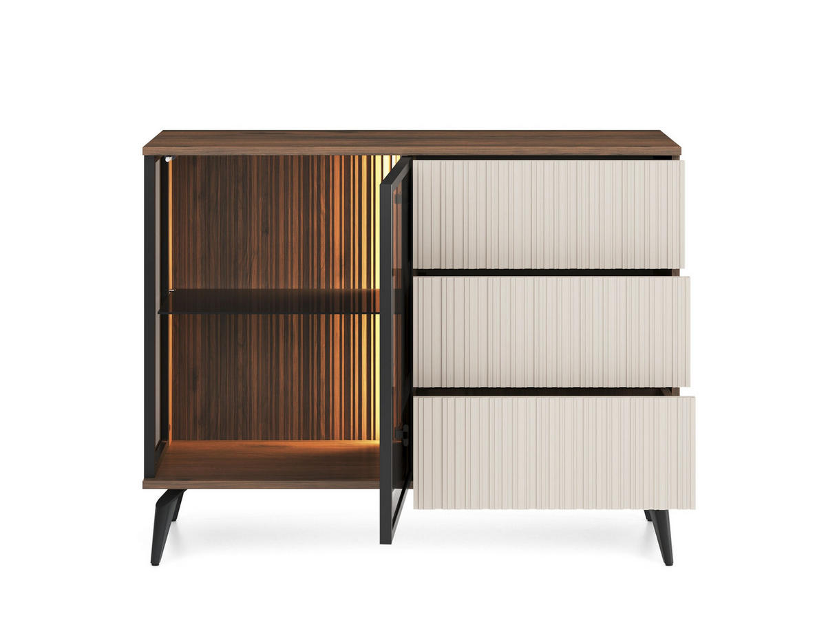 KOMMODE Vico Braun mit Beige, Kombikommode mit Led-Beleuchtung - Beige/Schwarz, Holzwerkstoff (103/80/39cm) - Bettso