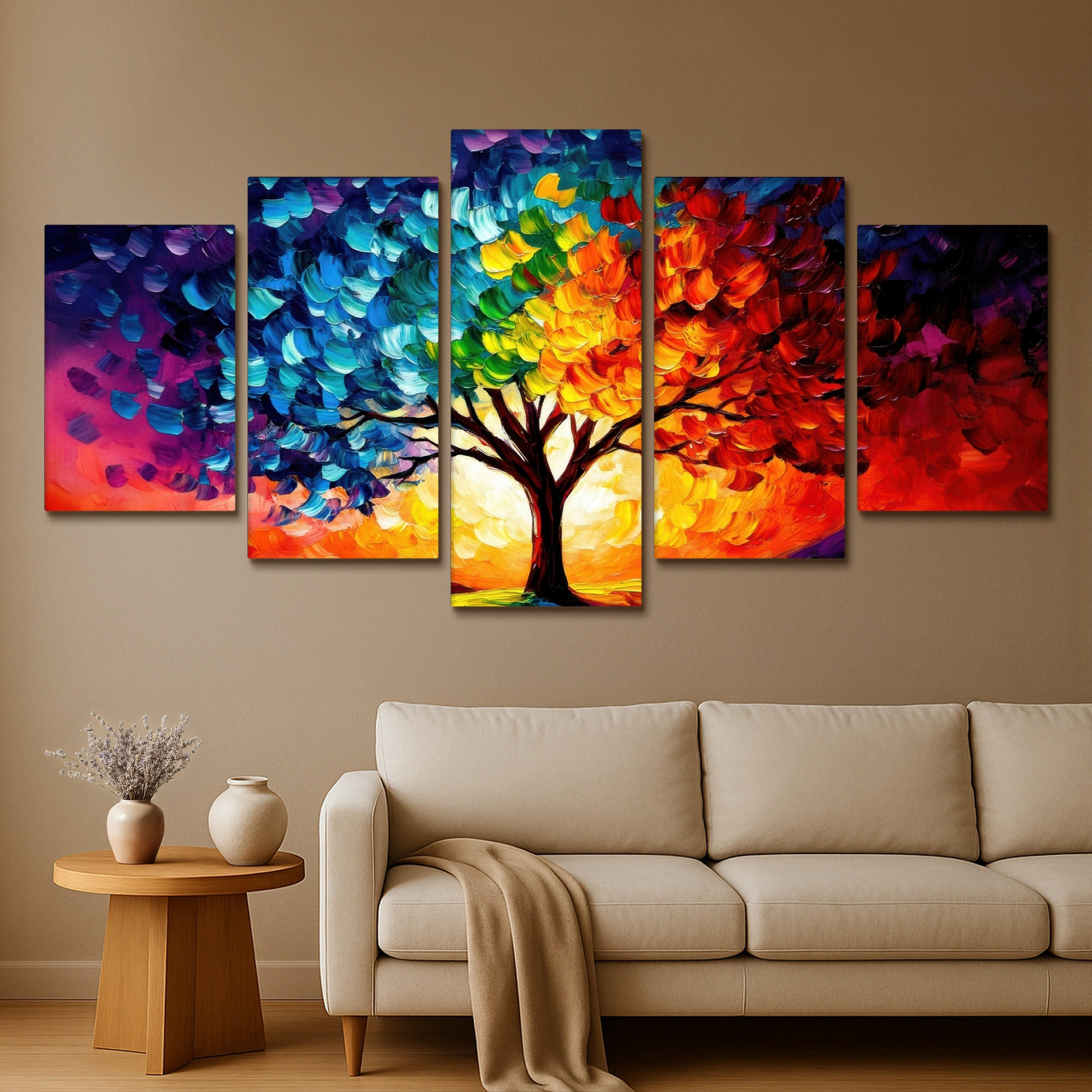 LEINWANDBILD 5er Set Baum - Farbenfroh - Malerei-Look - Abstrakt 200x100 cm - Multicolor, Textil (200/100cm) - MuchoWow