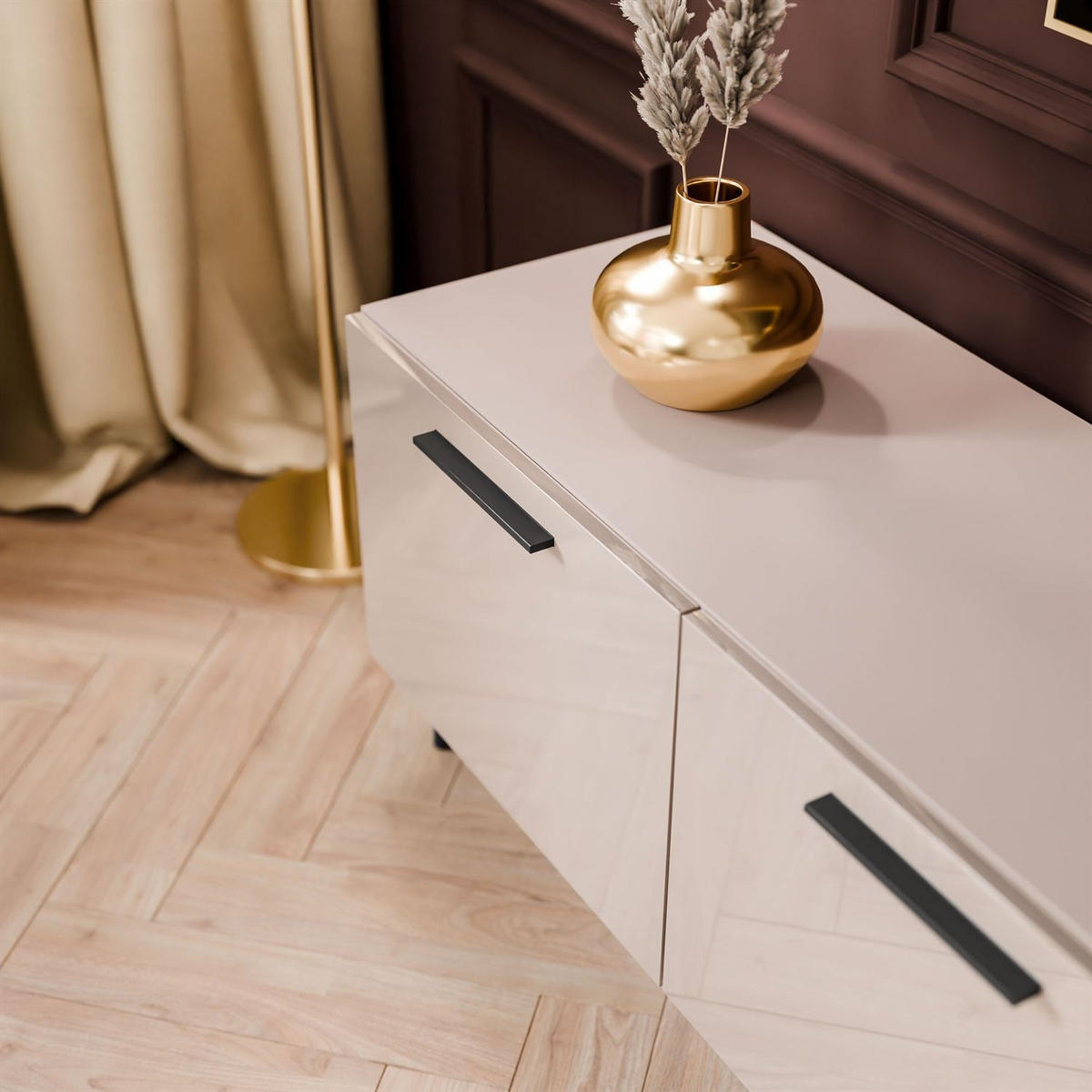 TV-ELEMENT AURA 200 KASCHMIR Hochglanz auf schrägen schwarzen Beinen + LED - Kaschmir/Schwarz, Holzwerkstoff (200/49/40cm) - Lookway