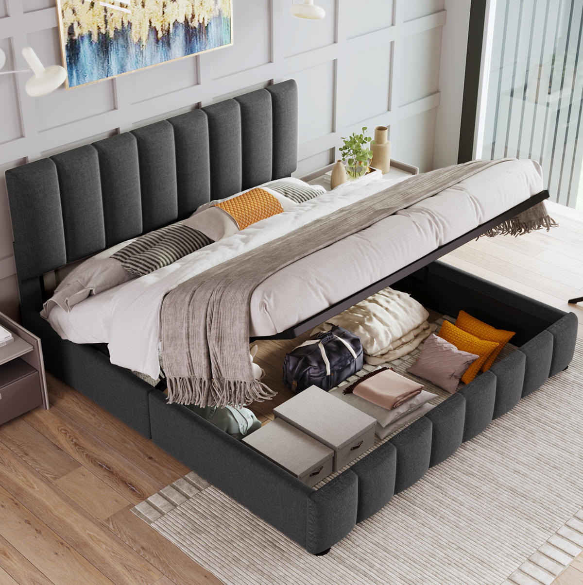 POLSTERBETT 140/200 cm Grau mit Stauraum und verstellbarem Kopfteil aus Leinen - Grau, Textil (140/200cm) - OKWISH