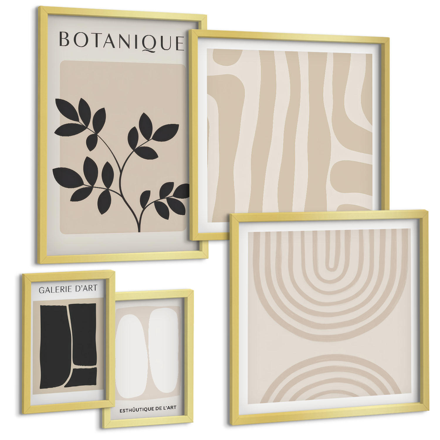 BILDER SET 5er Set - 50x50 cm & 20x30 cm & 40x60 cm Goldrahmen - Boho-Pflanzenposter - Goldfarben, Kunststoff (40/60cm) - TULUP