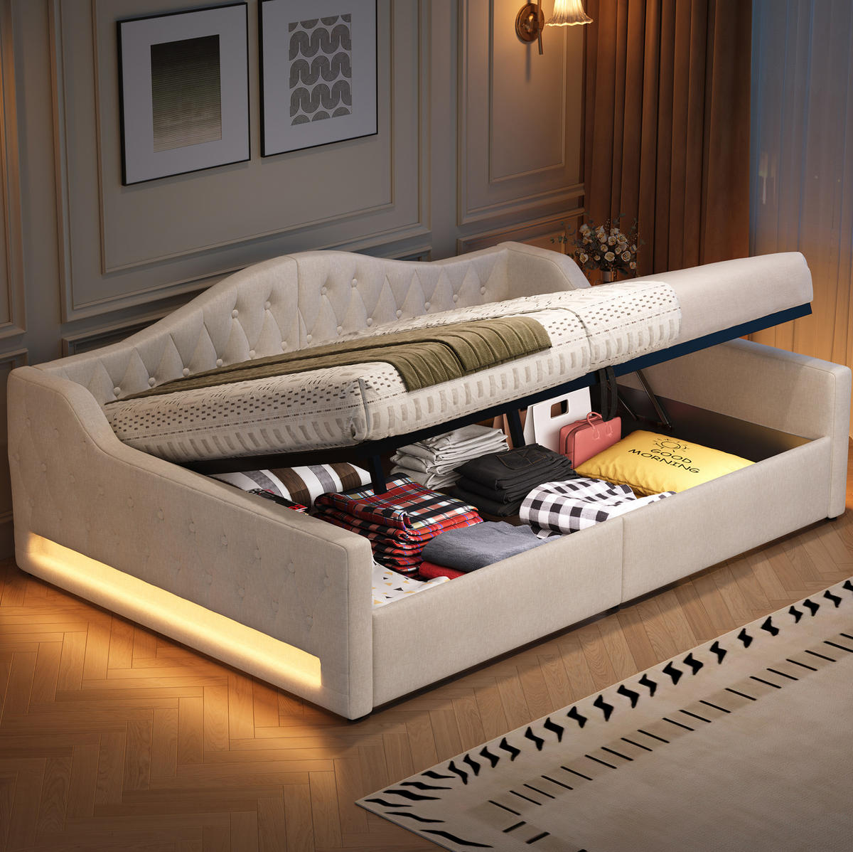 POLSTERBETT 140/200 cm aus MDF und Sperrholz mit Leinenbezug LED-Beleuchtung und Stauraum Beige - Beige, Holzwerkstoff (140/200cm) - Modenvie