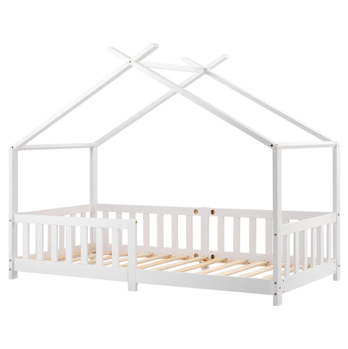 HAUSBETT Kinderbett 90/200 cm, Weiß mit Rausfallschutz und Stauraum - Weiß, Holz (90/200cm) - MIVRAY