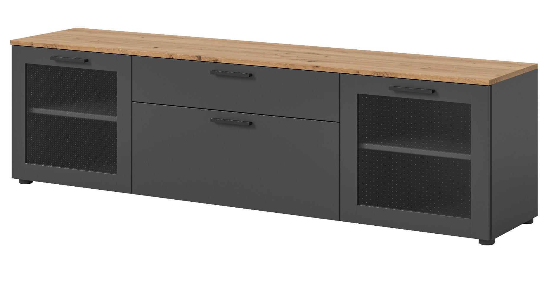 TV-LOWBOARD grau, Eiche 185 cm, TV-Unterteil mit Soft-Close - Schwarz/Eiche Artisan, Glas/Holzwerkstoff (185/52/40cm) - Inn.Furn