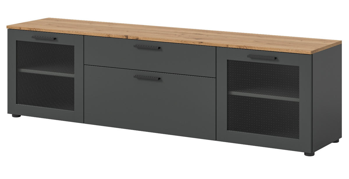 TV-LOWBOARD grau, Eiche 185 cm, TV-Unterteil mit Soft-Close - Schwarz/Eiche Artisan, Glas/Holzwerkstoff (185/52/40cm) - Inn.Furn