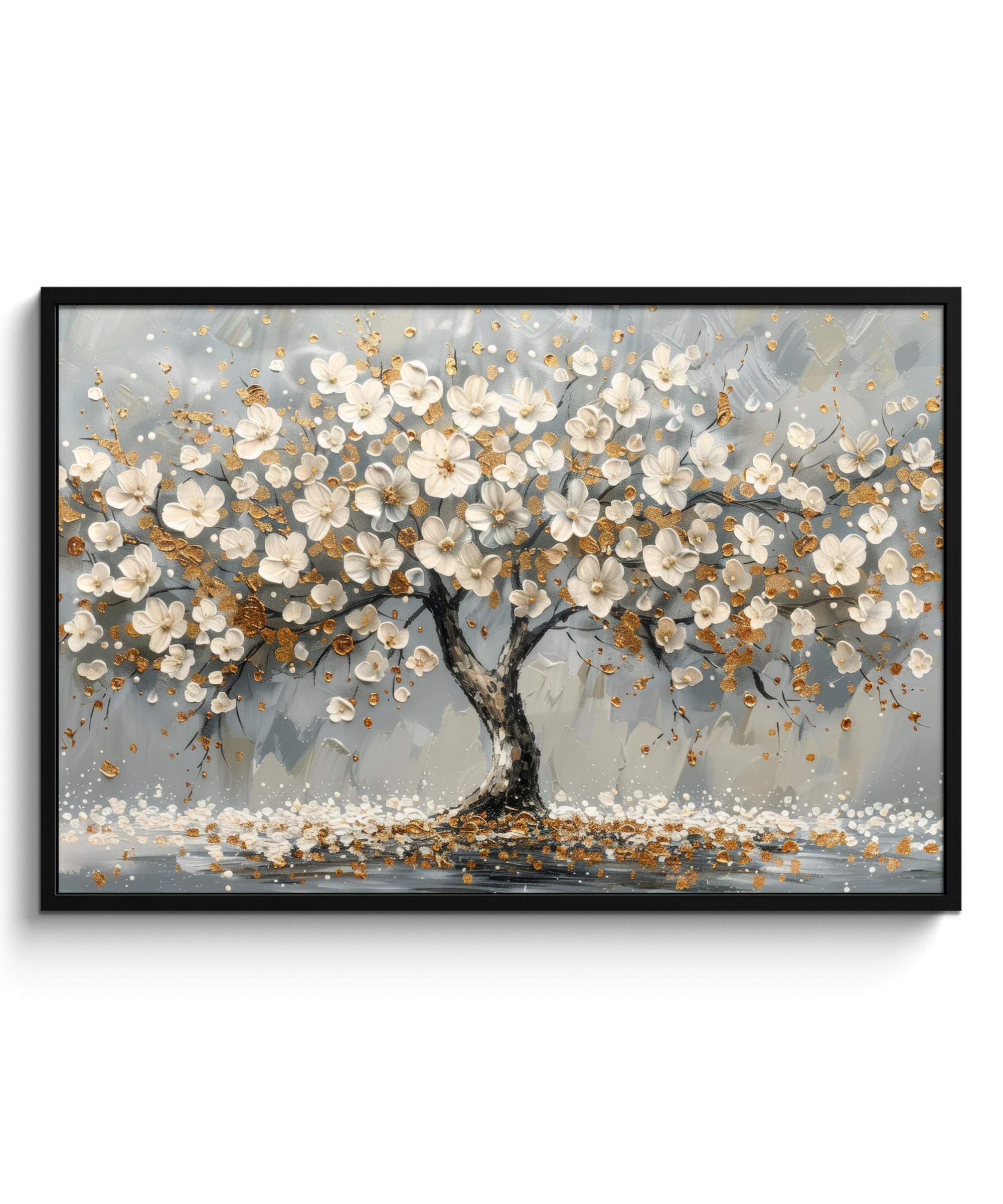 POSTER MIT RAHMEN Baum - Blumen - Weiß - Natur - Kunst 120x80 cm - Weiß, Papier (120/80cm) - MuchoWow