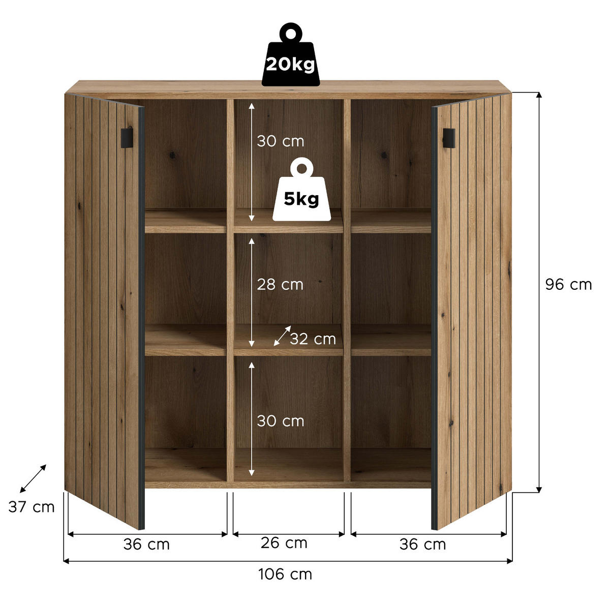 FLURKOMMODE Evoke Eiche 106 cm, Schuhschrank mit eingefräster Rillenoptik - Schwarz/Eiche Artisan, Glas/Holzwerkstoff (106/96/37cm) - Inn.Furn