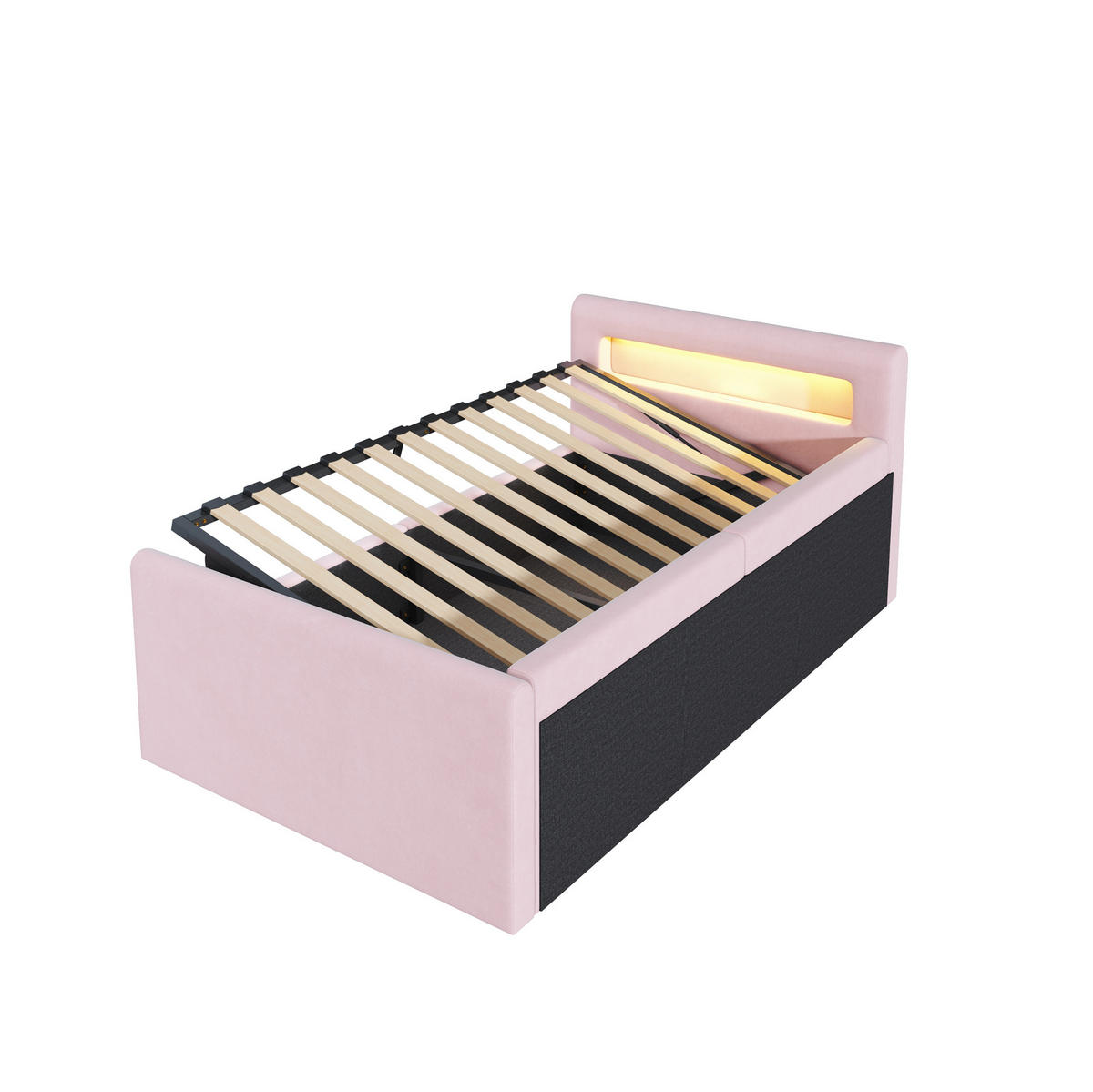 SAMT-POLSTERBETT 90/200 cm mit LED-Beleuchtung, Bettkasten und gepolstertem Kopfteil - Rosa, Textil (90/200cm) - BEAOK