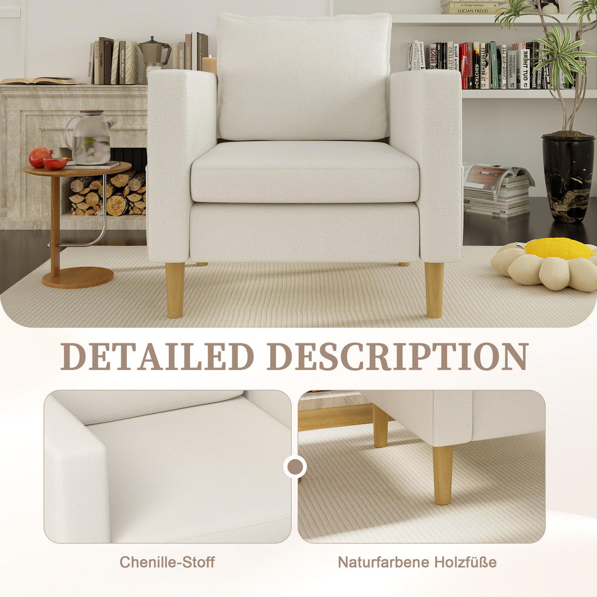 SESSEL Chenille Beige mit Seitentasche - Beige, Holz/Holzwerkstoff (71/82/68cm) - WISHDOR