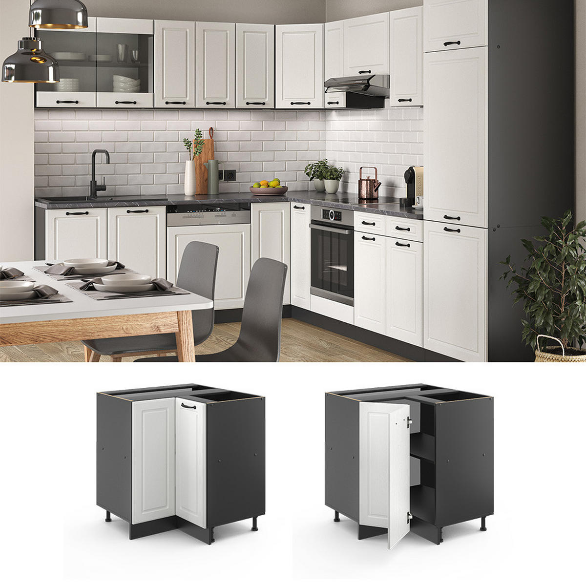 ECKUNTERSCHRANK R-Line Weiß Landhaus 75.6 cm ohne AP - Anthrazit/Weiß, Holzwerkstoff (75.6/81.6/46cm) - Vicco