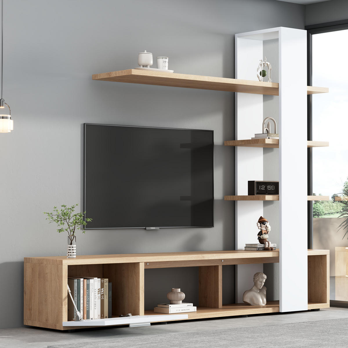 TV-ELEMENTTV-WOHNWAND 180x33,5x151,5cm für 60-Zoll-Fernseher Weiß-Holzoptik - Weiß, Holz (44.78/11.99/159.49cm) - Raelunyi