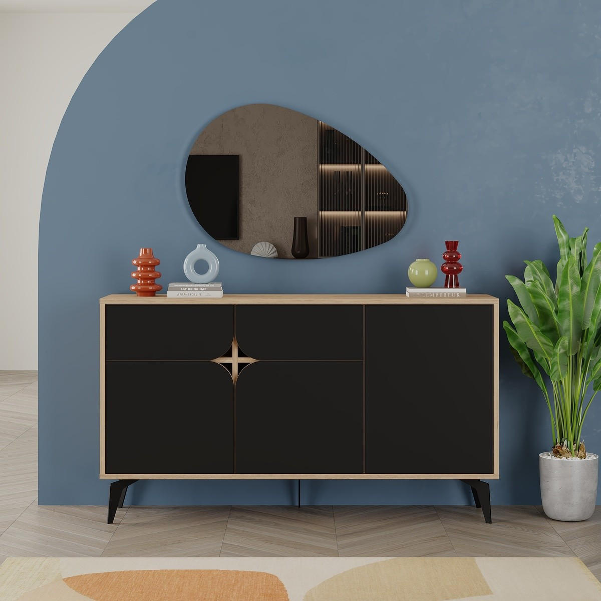 SIDEBOARD 3 Türen mit Metallfüßen B140 cm - FLORA - Eschefarben, Holzwerkstoff (40/79.3/140cm) - Calicosy