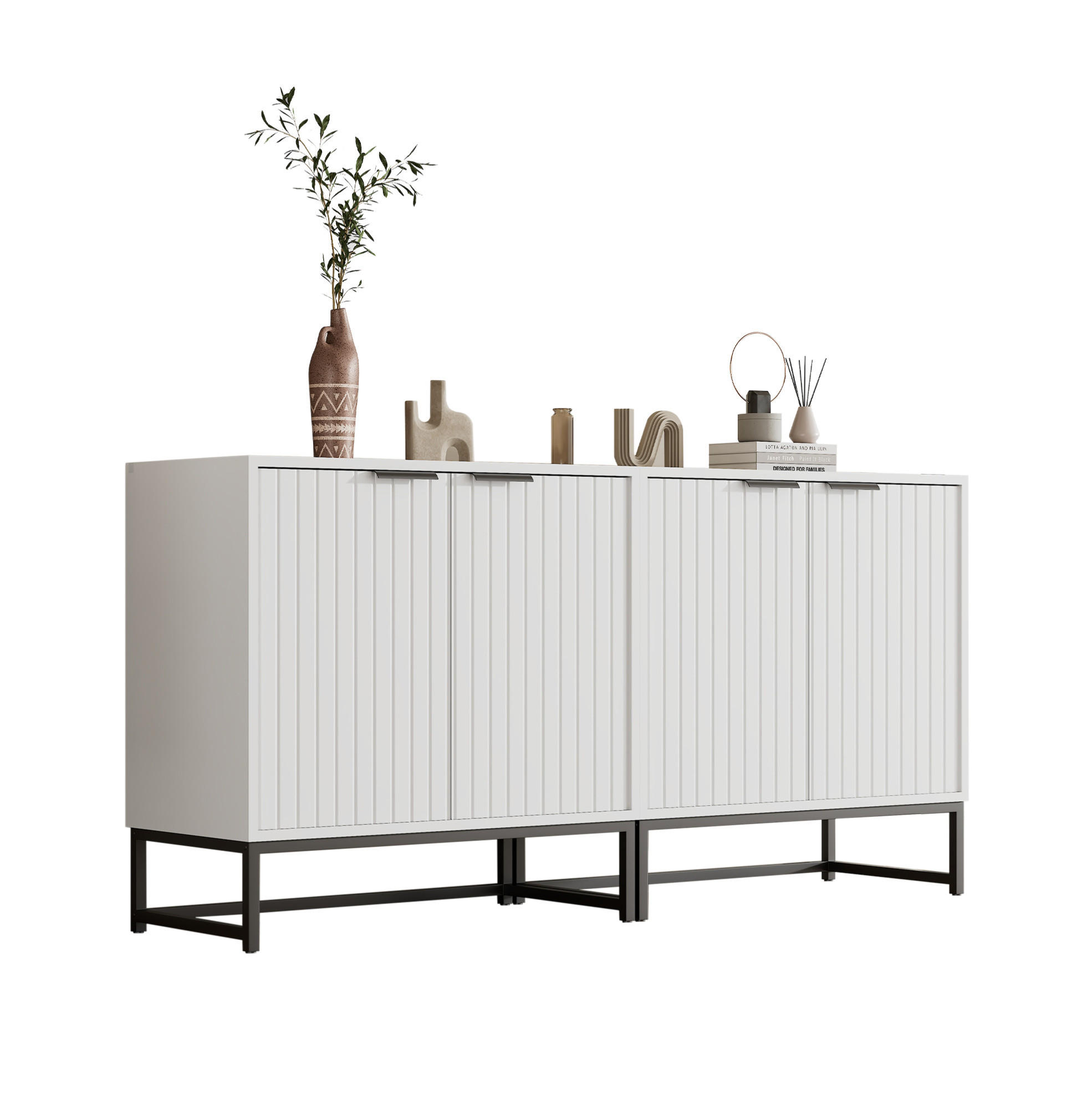 SIDEBOARD in Weiß mit Wellen-Optik Tür und Metallgriffen, 160/40/80 cm, Weiß - Weiß, Holzwerkstoff (160/80/40cm) - Redom