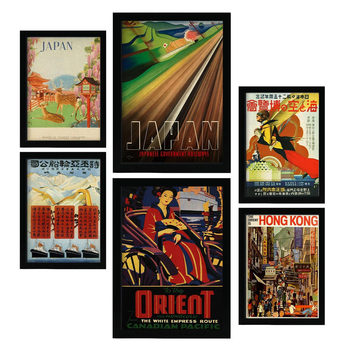 POSTER Set Mit 6 Asien Vollfarbige Illustrationen Von Vintage Tourismus Werbetafeln Aus Der Ganzen Welt Innenarchitektur A3 & A4 Schwarzer Rahmen - Schwarz, Papier (29/3cm) - Nacnic