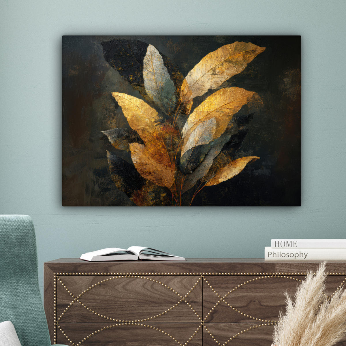 LEINWANDBILD Golden Leaf Komposition - Botanical Luxury Wandbilder 80x60 cm - Goldfarben/Schwarz, Textil (80/60cm) - MuchoWow
