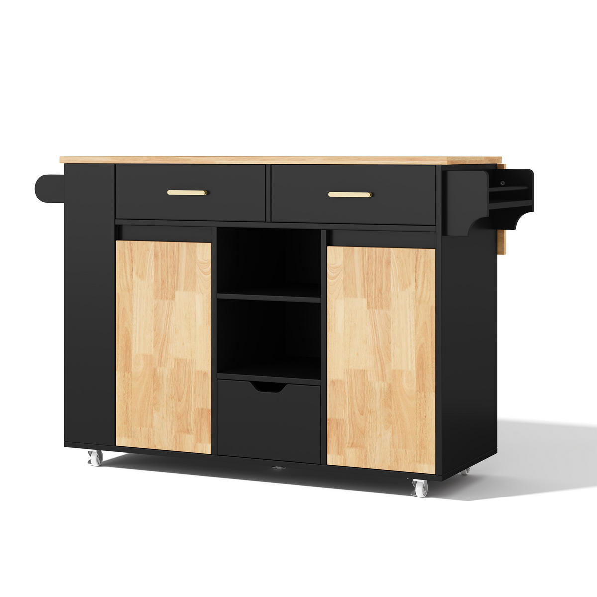 KÜCHENINSEL auf Rollen 120/71/90 cm Schwarz mit klappbarer Arbeitsplatte, 2 Schubladen und 3-stufigem Gewürzregal - Schwarz, Holz (71/90/120cm) - Oxeza