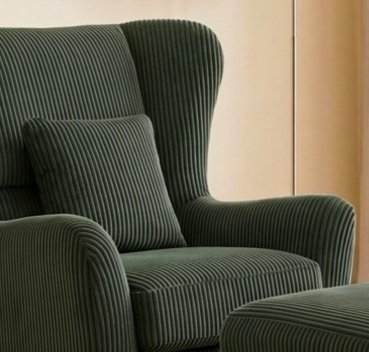 OHRENSESSEL mit HOCKER, hoher Sitzkomfort durch Taschenfederkern, Cord Grün / 16142 - Schwarz/Grün, Holz/Textil (89/95/79cm) - luma-home