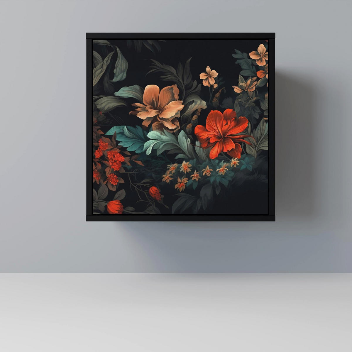SIDEBOARD IMAGINARY BLOSSOM, Schwarz, 57,5x42x67,5 cm, Schwarze Metall-Rahmenfüße - Multicolor/Schwarz, Holzwerkstoff/Metall (57.5/67.5/42cm) - SpaceRebels