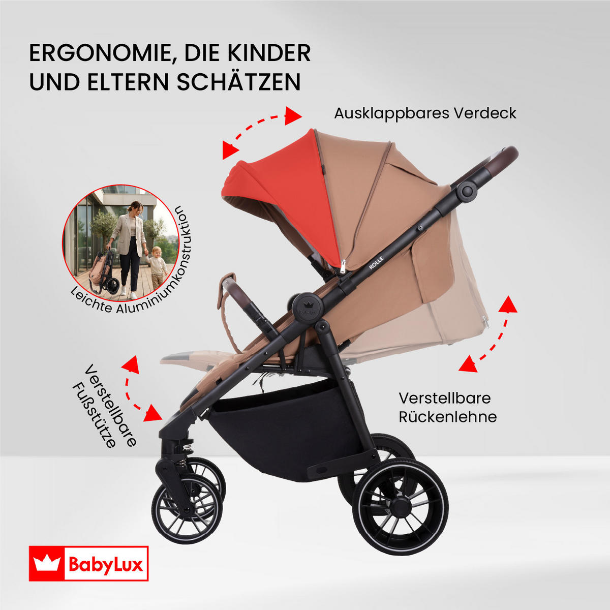 BUGGY Rolle, Klein und Leicht, Teleskopische Führung, Kompakt Faltbar, Wickeltasche, Reisetasche - Jadegrün/Schwarz, Textil/Metall (58/99cm) - BabyLux