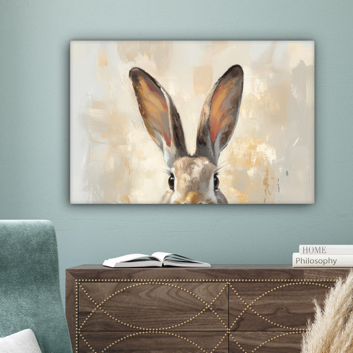 LEINWANDBILD Hase - Ohren - Braun Wanddeko 90x60 cm - Beige, Textil (90/60cm) - MuchoWow