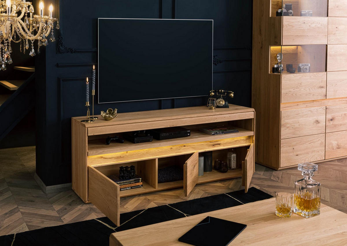 TV-BOARD Wildeiche inkl. LED 165x43,5x63 natur geölt CARDIFF #140 - Naturfarben, Holz (165/63/44cm) - Massivmoebel24