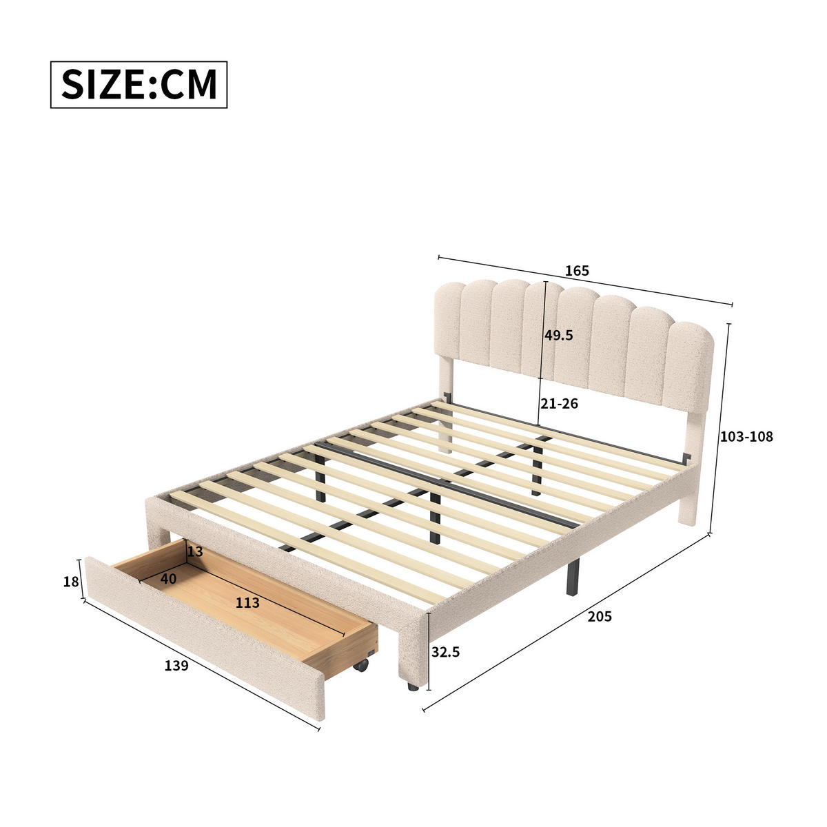 POLSTERBETT 160x200 cm Doppelbett, 1 Stauraumschublade am Fußende, USB & Typ-C-Anschlüsse, Teddy-Stoff in Beige - Beige, Holz (160/200cm) - BRILVERDE